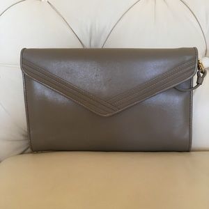 Gray leather clutch/crossbody. Mary Ann Rosenfeld